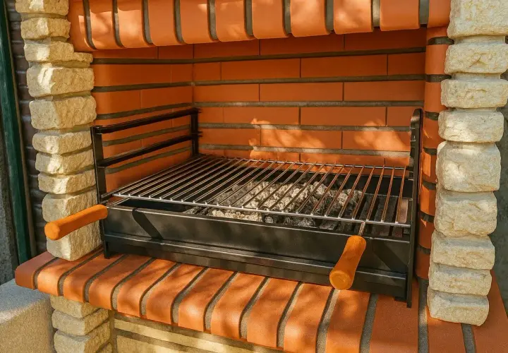 Barbecue en briques avec grille prête pour le temps de cuisson barbecue charbon. Les braises attendent d'être allumées pour un festin en plein air.