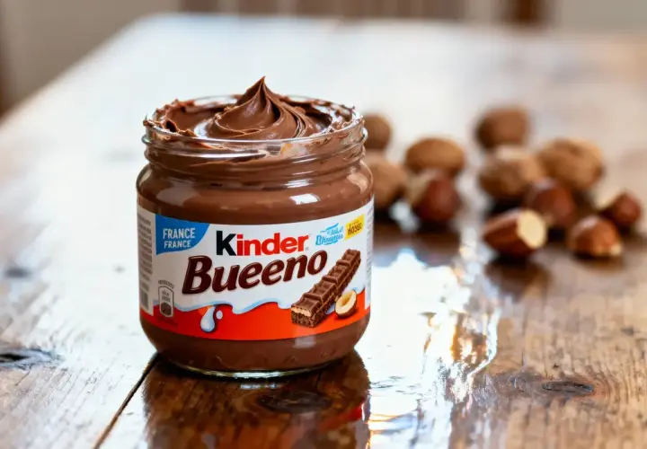 Un pot de pâte à tartiner Kinder Bueno, crémeuse et onctueuse, sur une table en bois. Des noisettes sont disposées en arrière-plan.