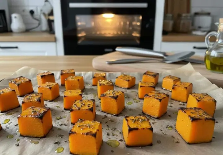 Dés de butternut braisé, dorés et parsemés d'herbes, prêts à être dégustés. Un délice simple et savoureux.