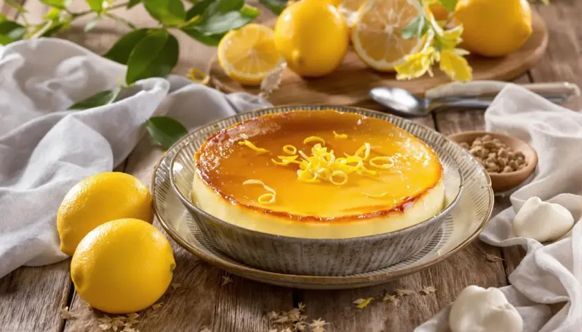Délicieux pastizzu recette corse, un flan crémeux au citron, garni de zestes frais. Parfait pour un dessert ensoleillé.