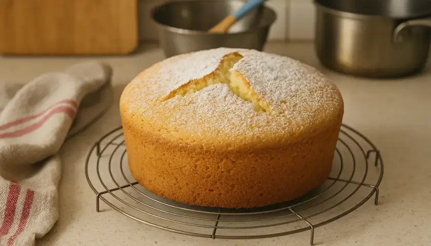 Un gâteau de Savoie bien gonflé, saupoudré de sucre glace, repose sur une grille. Une serviette à rayures rouges est à gauche.