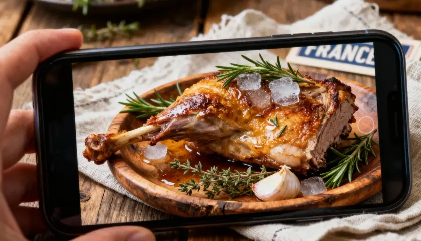 Selle d'agneau 800g rôtie, servie avec des herbes, de l'ail et des glaçons. Le temps de cuisson parfait pour ce plat savoureux.