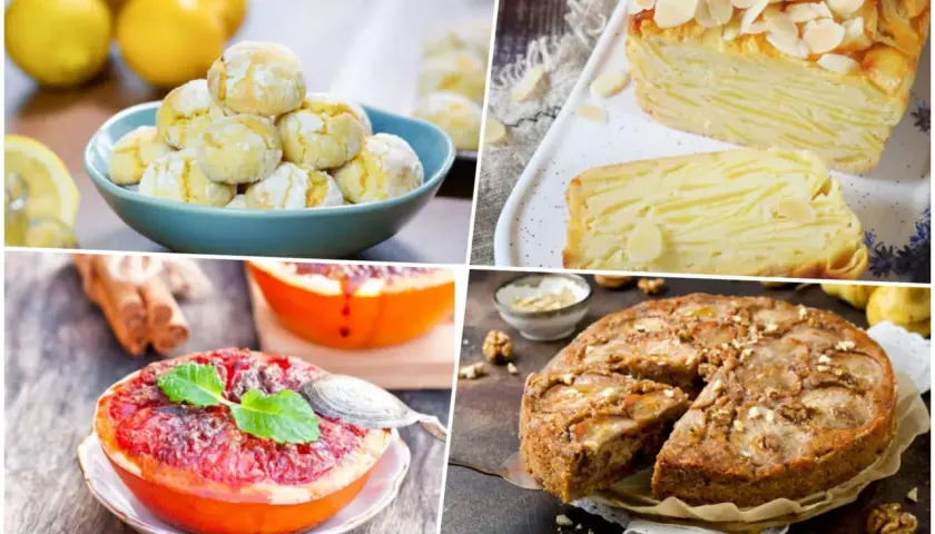 Délicieux assortiment de desserts pour un dessert de février : biscuits citronnés, gâteau aux pommes et aux amandes, pamplemousse rôti et tarte aux noix.