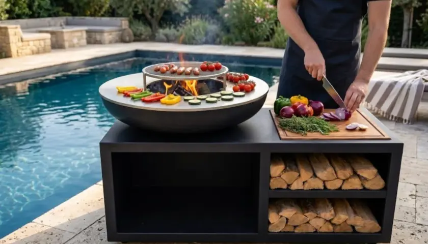 Un brasero plancha DIY prêt pour un festin au bord de la piscine. Saucisses grillées, légumes colorés et feu de bois crépitant.