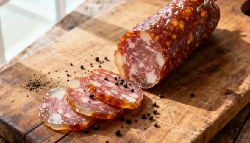 Saucisson artisanal tranché sur planche en bois, parsemé de grains de poivre. Une invitation à découvrir comment faire des saucisses maison.
