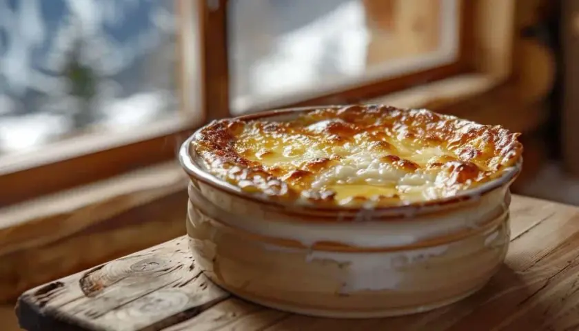 Un délicieux ramequin du Bugey, gratiné à souhait, prêt à être dégusté près d'une fenêtre avec vue sur les montagnes enneigées.