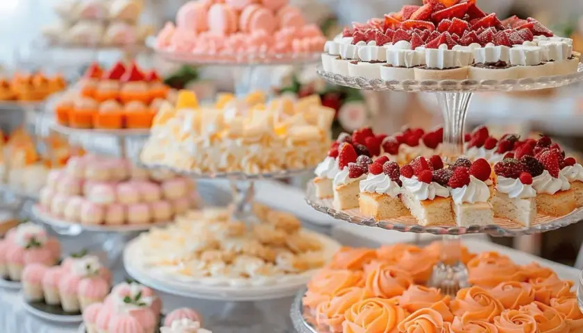 Un buffet de desserts colorés, une parfaite idée dessert mariage : macarons roses, gâteaux aux fruits rouges, et roses en crème d'orange.