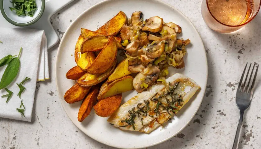 Filet de merlu avec peau à la poêle, accompagné de pommes de terre rôties et d'une poêlée de champignons et poireaux.