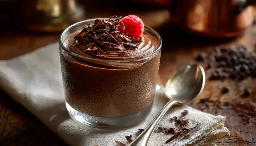 Délicieuse mousse au chocolat skyr, garnie de copeaux de chocolat et d'une framboise fraîche. Une cuillère argentée repose à côté.
