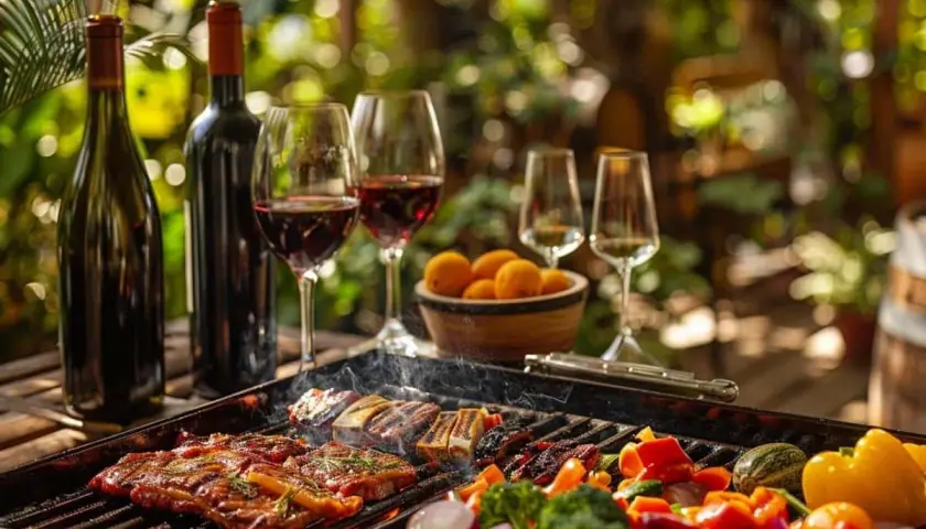 Un barbecue en plein air avec des viandes grillées, des légumes colorés et une sauce pour viande grillée barbecue. Deux bouteilles de vin rouge et des verres remplis de vin rouge complètent la scène.