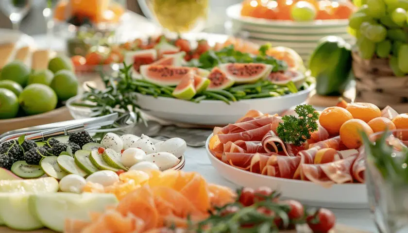 Un délicieux buffet repas en plein air avec fruits frais, charcuterie, fromages et légumes.