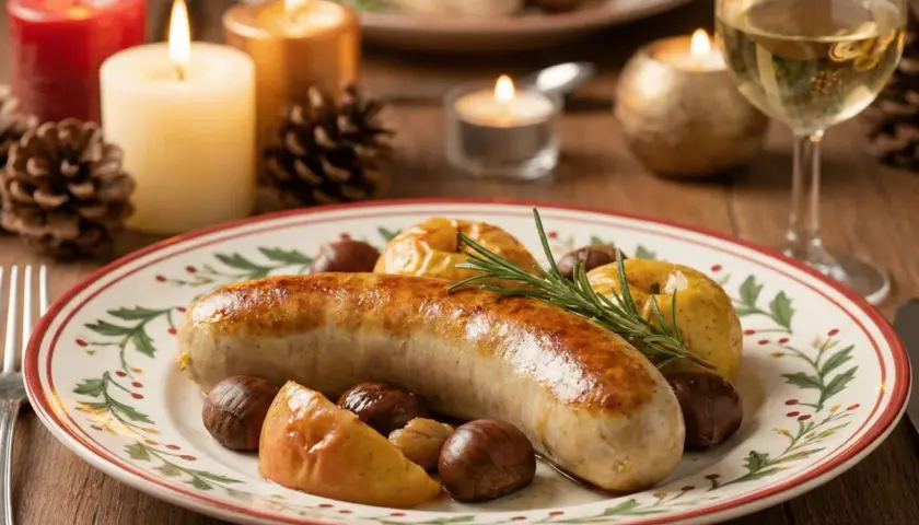 Boudin doré, pommes rôties et marrons sur une assiette festive. Le temps cuisson boudin est parfait pour ce plat d'hiver.