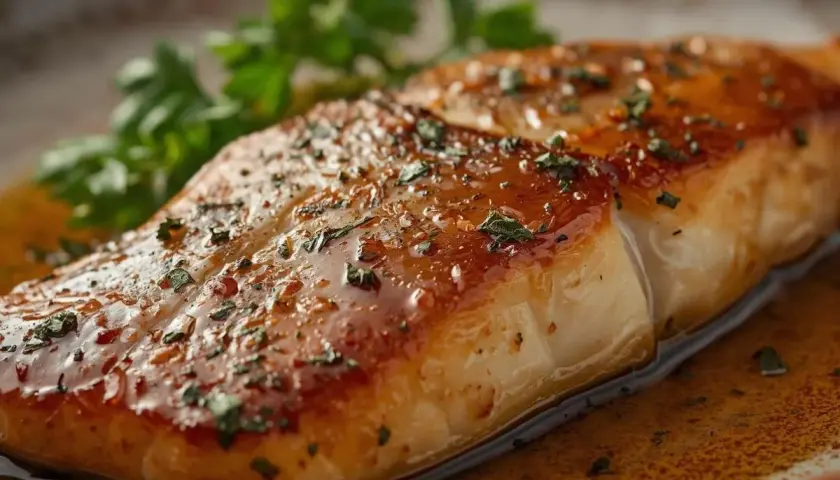 Filet de black bass poêlé, nappé d'une sauce dorée et parsemé d'herbes. Une recette simple et savoureuse.