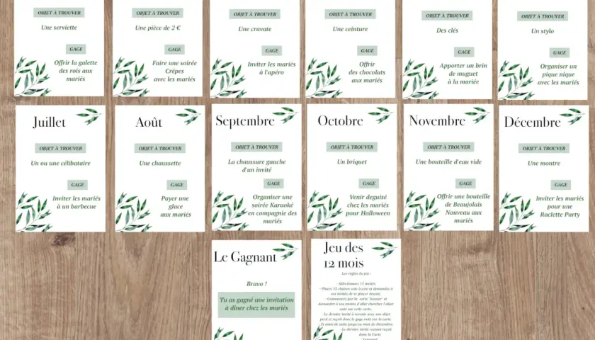Cartes du jeu des 12 mois avec des gages et objets à trouver pour chaque mois, plus une carte gagnante.