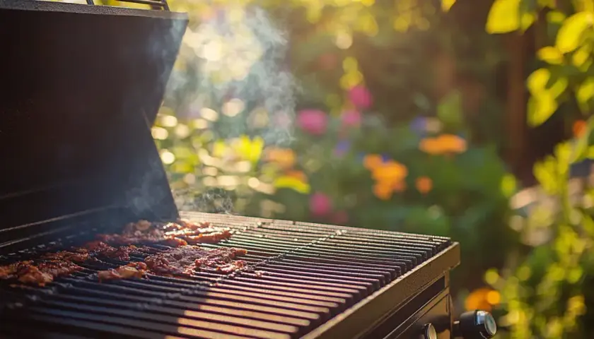Viande fumante sur un barbecue, transformé en fumoir pour un repas en plein air.