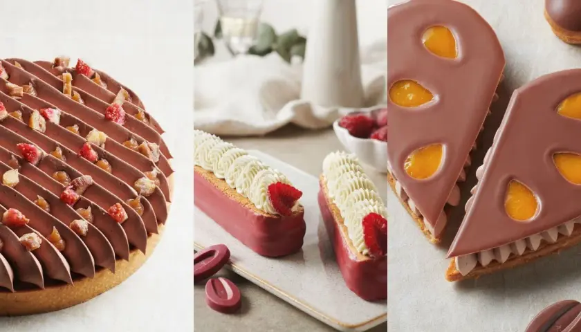 Un délicieux dessert d'août : tarte au chocolat et fruits secs, éclairs à la framboise et crème, et part de gâteau au chocolat et mangue.