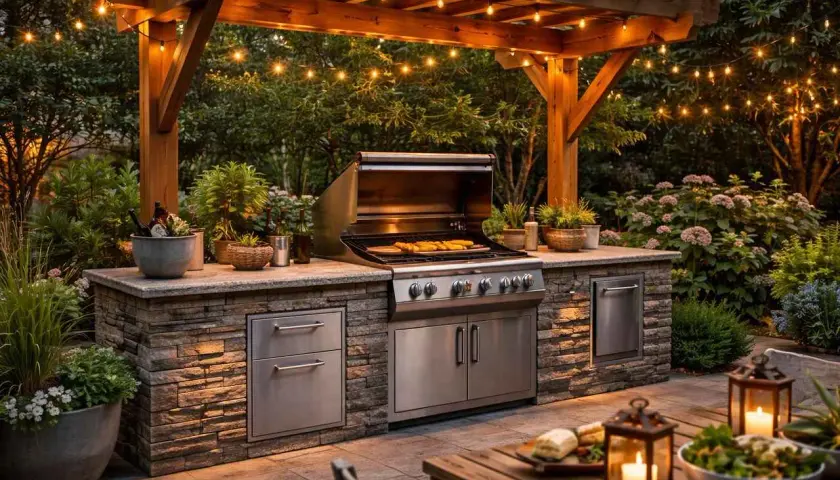 Un coin barbecue palette sous une pergola illuminée, avec un grill en inox, des rangements en pierre et une végétation luxuriante.