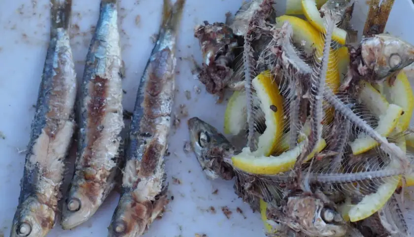 Trois sardines grillées entières à gauche, et à droite, des arêtes de poisson avec des rondelles de citron.