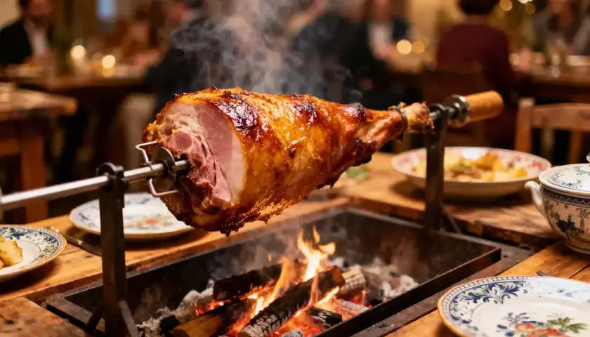 Un jambon à la broche, doré et fumant, cuit au feu de bois. Parfait pour un festin de 50 personnes.
