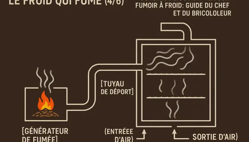 Schéma montrant comment fabriquer un fumoir avec un frigo. Un générateur de fumée alimente un caisson par un tuyau.