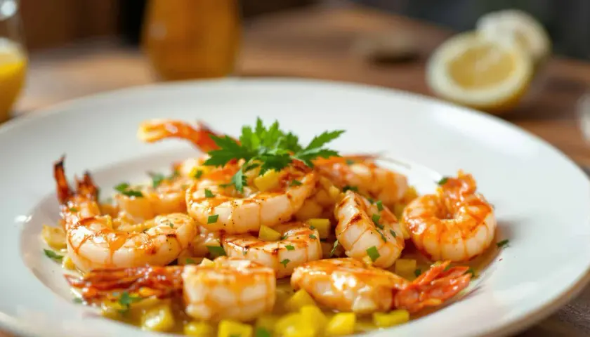 Délicieuse présentation de crevettes grillées, garnies de persil frais et de dés de mangue, sur une assiette blanche.
