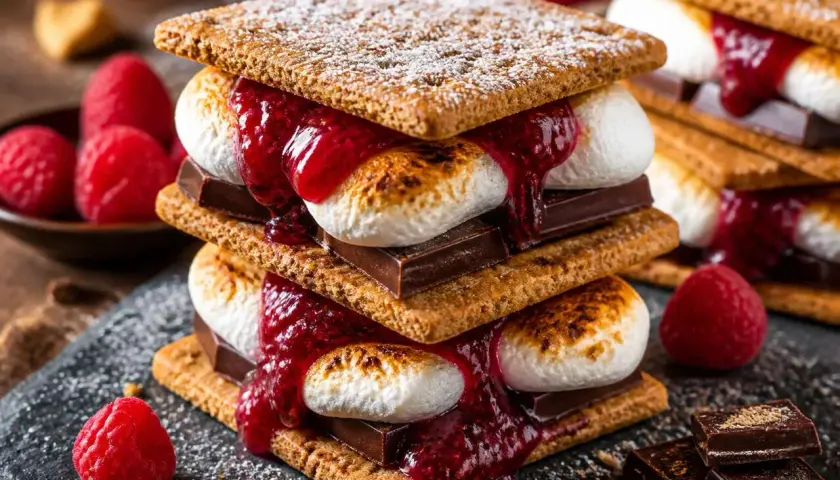 Un délicieux dessert Mars : des s'mores empilés avec guimauves grillées, chocolat fondant, coulis de framboise et biscuits craquants.