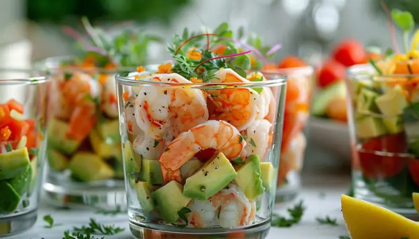 Verrines avocat crevettes, un délice frais et coloré. Des crevettes juteuses et des dés d'avocat crémeux, parfaits pour un apéritif léger.