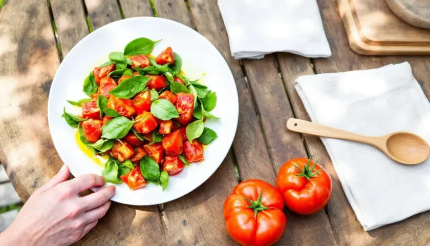 Salade de tomates coupées en dés avec du basilic frais, une idée parfaite pour savoir que faire avec des tomates trop mures.