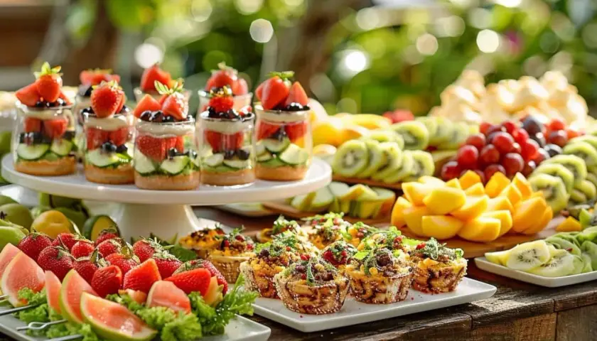 Un apéritif mariage simple et coloré : verrines de fruits frais, brochettes de fruits, mini-quiches et plateau de fruits variés.