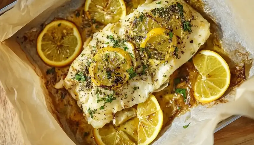 Un délicieux lieu en papillote, parsemé de rondelles de citron et d'herbes fraîches, cuit à la perfection dans du papier sulfurisé.