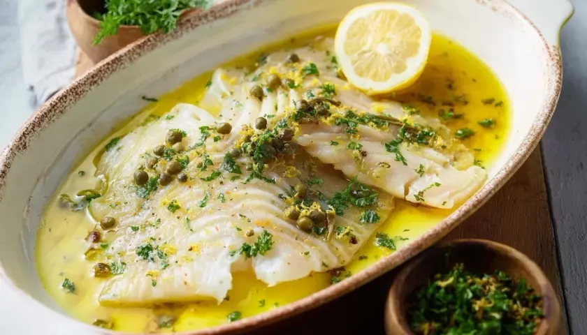 Délicieuse aile de raie pochée, nappée d'une sauce citronnée et garnie de câpres et de persil frais.