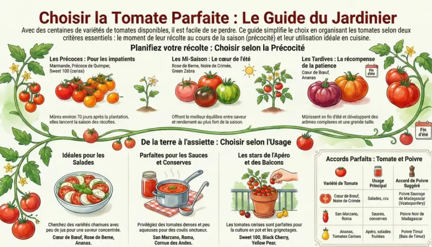 Guide du jardinier pour choisir la tomate parfaite. Il présente les variétés précoces, mi-saison et tardives, ainsi que leur usage idéal : salades, sauces, conserves, apéro. Une recette tomate est suggérée.