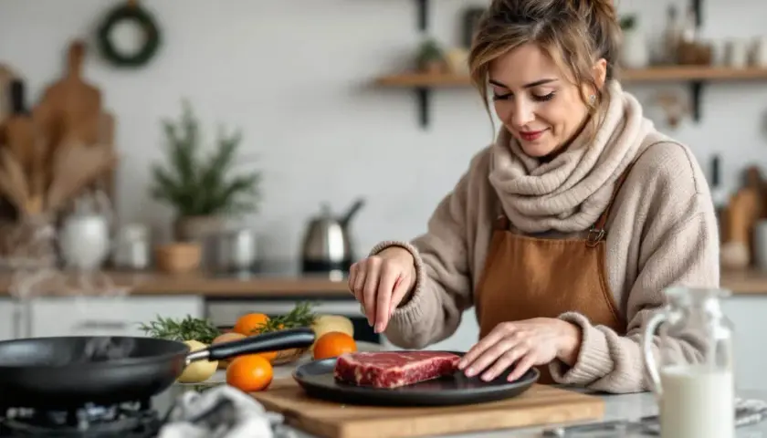 Une femme prépare un steak dans sa cuisine. Elle assaisonne la viande, se demandant s'il faut sortir la viande du frigo avant cuisson pour un meilleur résultat.