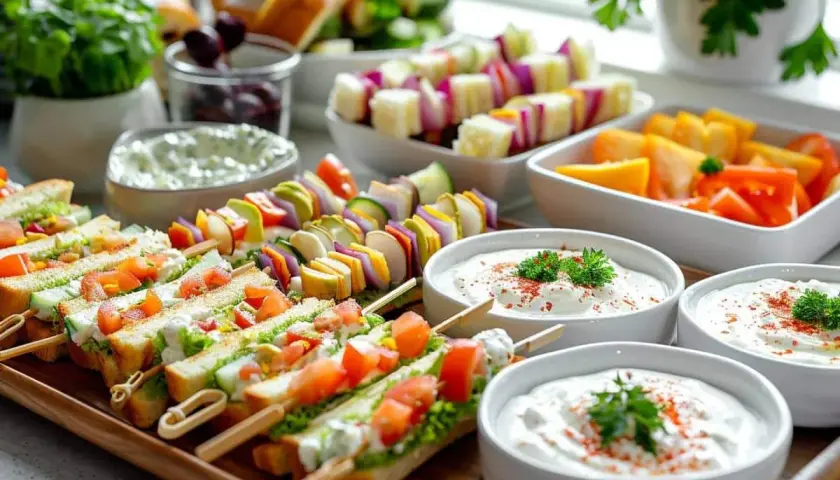 Un délicieux apéro dinatoire pour un mariage : mini sandwichs, brochettes de légumes colorés et dips crémeux.