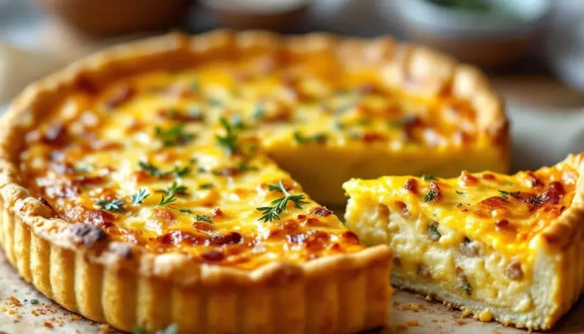 Une quiche aux sardines dorée, garnie d'herbes fraîches, avec une part coupée pour révéler sa texture crémeuse. Un délice à savourer.