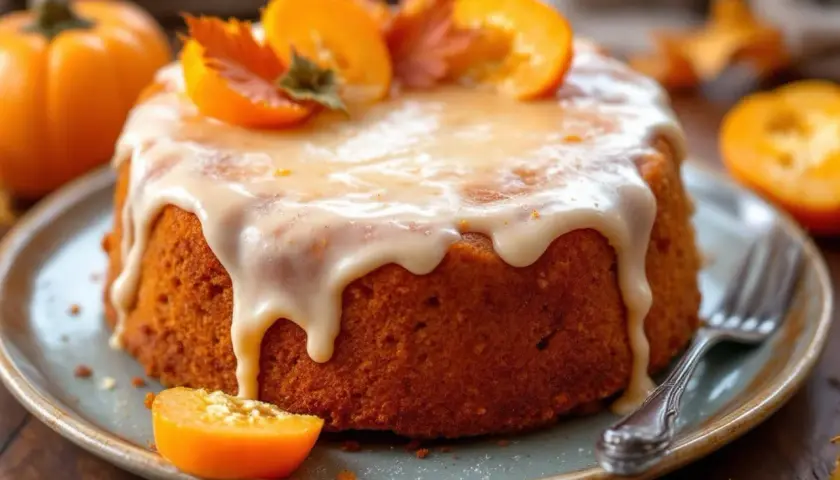 Un délicieux gâteau au kaki, nappé d'un glaçage crémeux et garni de fruits frais et de feuilles d'automne. Parfait pour une pause gourmande.
