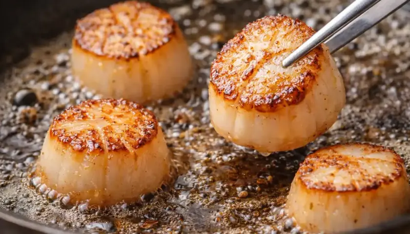 Quatre saint jacques dorées, poêlées à la perfection, crépitent dans un beurre chaud. Un délice prêt à être dégusté.
