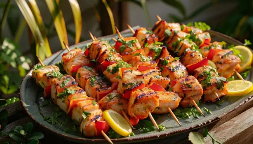 Délicieux accompagnement brochette de poisson grillé, garni de persil frais et de quartiers de citron, prêt à être dégusté.