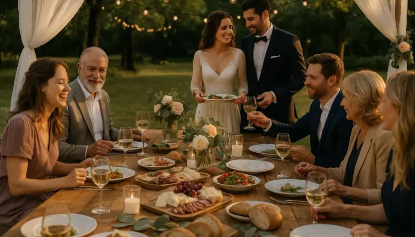 Un joyeux repas de mariage en plein air, avec des invités souriants autour d'une table dressée.