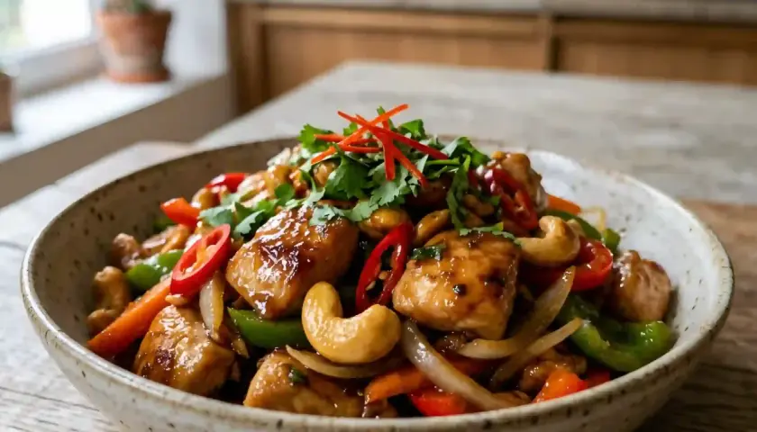 Délicieux poulet thaï aux noix de cajou, poivrons, oignons et coriandre fraîche. Un plat savoureux et coloré.
