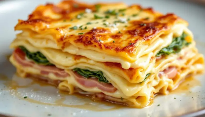 Lasagnes poireaux béchamel dorées, garnies de jambon et d'épinards, sur une assiette grise.