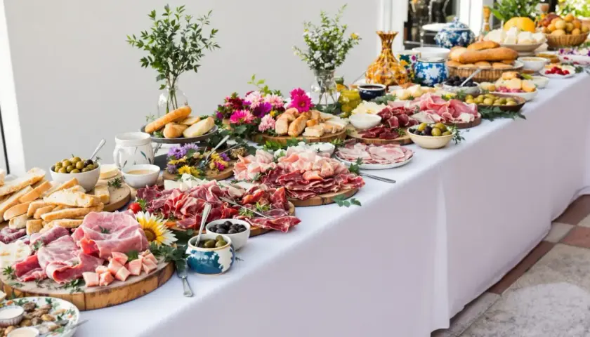 Un buffet généreux avec une présentation soignée : charcuteries, pains, fromages, olives et fleurs. L'étiquette de présentation buffet est respectée.