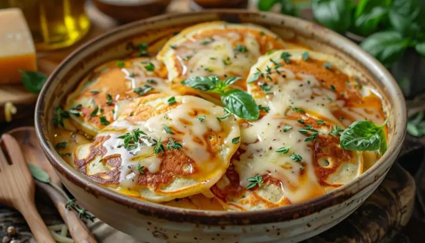 Un plat réconfortant de mini crêpes salées, nappées de fromage fondant et garnies d'herbes fraîches. Un délice à partager !