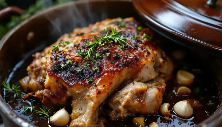 Rouelle de porc juteuse, dorée et fumante, baignant dans sa sauce avec des gousses d'ail et des herbes. Un délice à savourer !