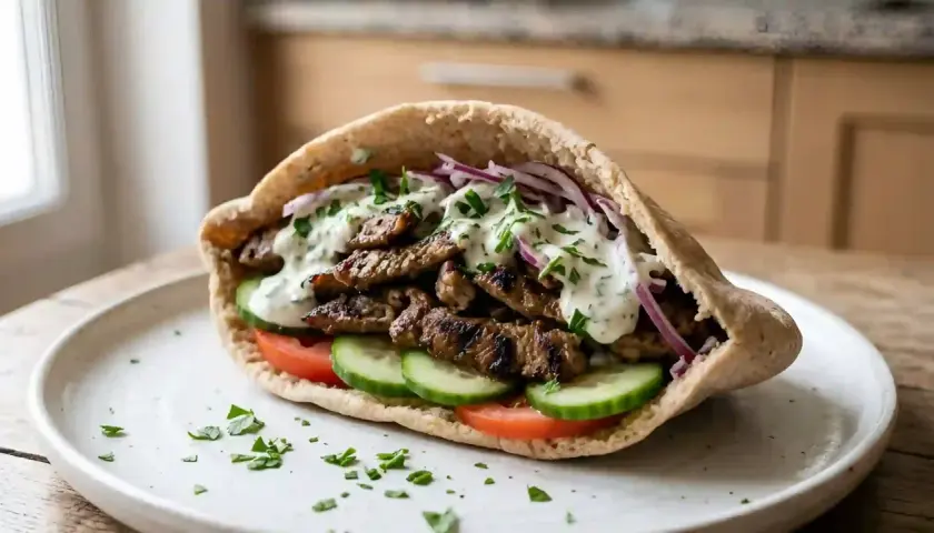 Un généreux sandwich pita garni de fines tranches de viande marinée kebab, de tomates, de concombres, d'oignons rouges et d'une sauce blanche crémeuse.