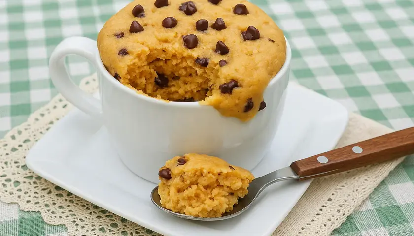Un délicieux mug cake salé aux pépites de chocolat, prêt à être dégusté à la cuillère.