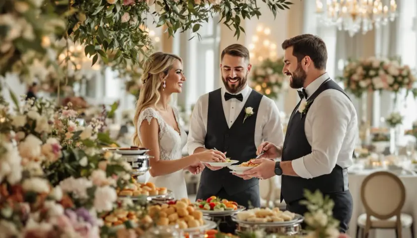 Un couple de mariés et un serveur choisissent des plats sur un buffet. Le décor floral et les lumières suggèrent un événement élégant, où le prix traiteur mariage est justifié par la qualité.