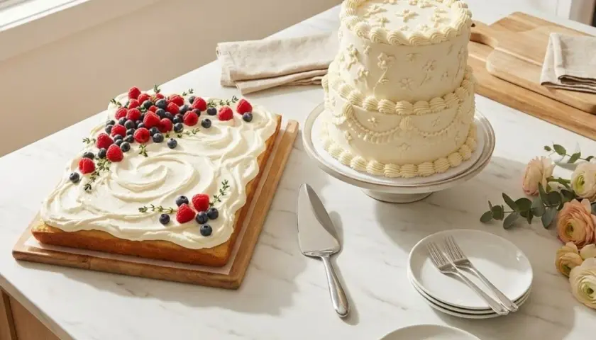 Gâteau rectangulaire décoré de fruits rouges, parfait pour une recette de gâteau pour 20 personnes. Un autre gâteau à étages est à côté.
