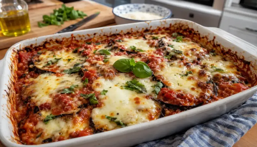 Un plat de gratin de **aubergines grillées au four**, couvert de sauce tomate et de fromage fondant, garni de basilic frais.