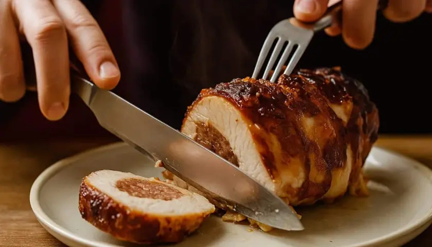 Un délicieux filet mignon farci au barbecue, coupé en tranches, prêt à être dégusté. La vapeur s'échappe de cette viande savoureuse.